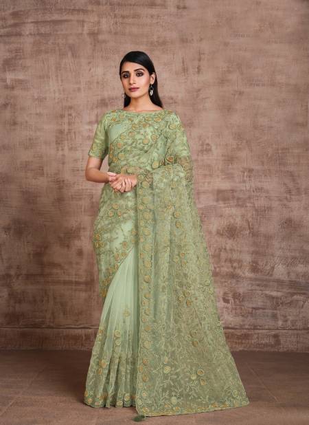 Pastel Green Colour Latest Designer Fancy Festive Wear Embroidery Work Heavy Saree Collection 21717